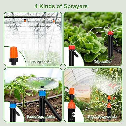 240FT Drip Irrigation System Kit, Yomile Automatic Garden Watering Misting System with 1/2 inch Hose 1/4 inch Distribution Tubing Drip Emitters Drip Spray 2 in 1 Nozzle for Greenhouse, Yard, Lawn