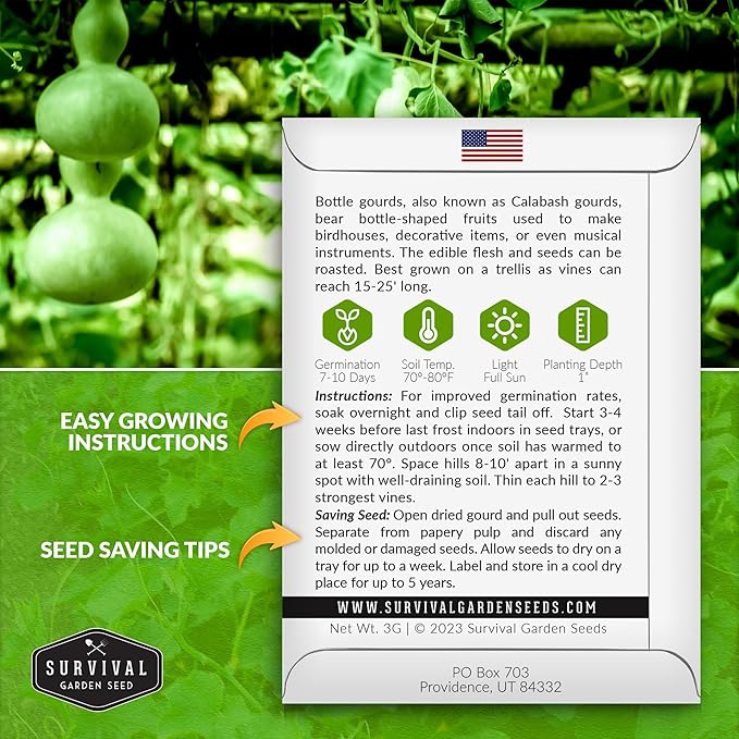 Bottle Gourd Seed for Planting - 1 Packet with Instructions to Plant & Grow Birdhouse or Calabash Gourds in Your Home Vegetable Garden - Non-GMO Heirloom Variety Plant Seed - Survival Garden Seeds