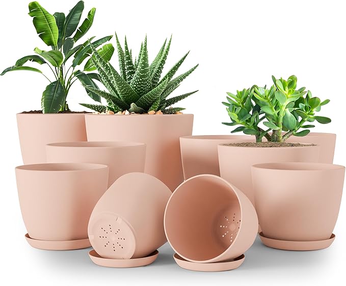 Utopia Home - Plant Pots Indoor with Drainage - 7/6.6/6/5.3/4.8 Inches Home Decor Flower Pots for Indoor Planter - Plastic Planters for Indoor Plants, Cactus, Succulents Pot (Pink, Pack of 10)