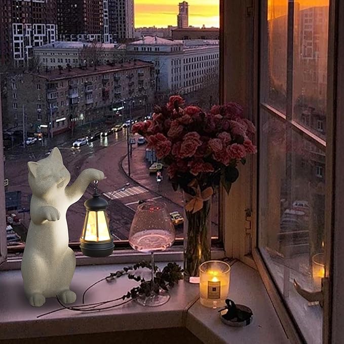 Solar Powered Garden Resin Statue Lights, 10 Inch Waterproof Outdoor Animal Cute Cat Figurine Lights, Suitable for Patios, Balconies, Lawns, Courtyards, Etc. (Hand)
