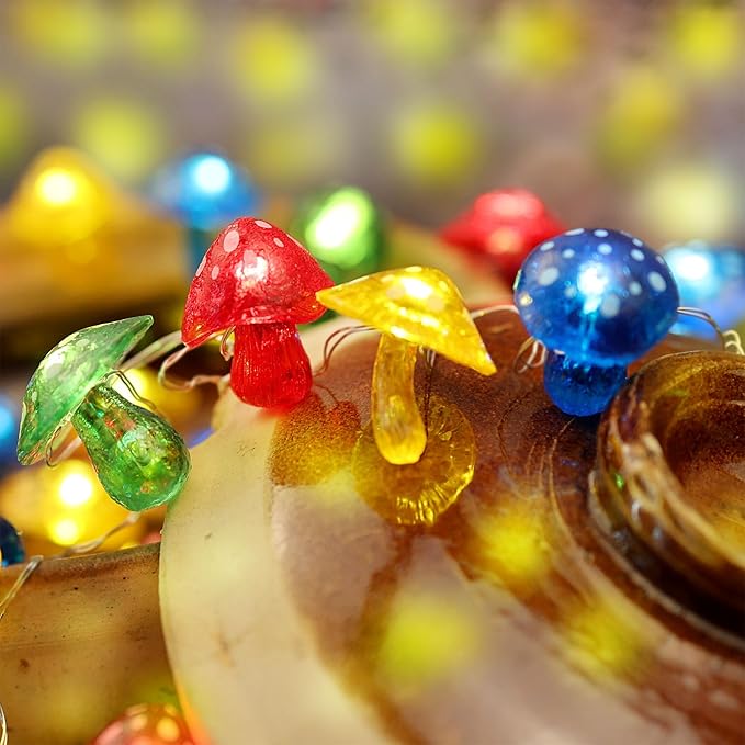 Fairy String Lights 3D Mushroom Lamp-Outdoor Waterproof Battery Operated String Lights 7ft 20 LED-Mushroom Fairy Night Lights for Garden Wreath Balcony Living Room Decor