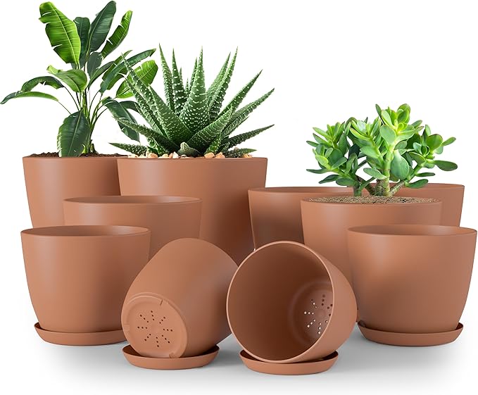 Utopia Home - Plant Pots Indoor with Drainage - 7/6.6/6/5.3/4.8 Inches Home Decor Flower Pots for Indoor Planter - Plastic Planters for Indoor Plants, Cactus, Succulents Pot (Terracotta, Pack of 10)