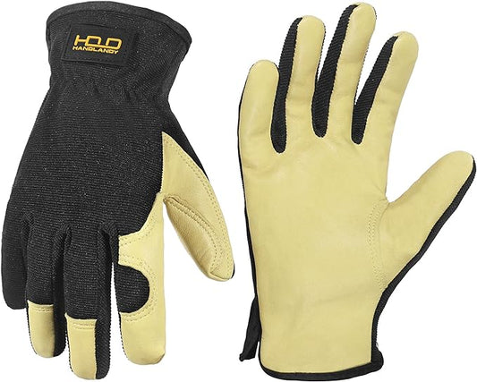 HANDLANDY Men Leather Gardening Gloves, Utility Work Gloves for Mechanics, Construction, Driver, Dexterity Breathable Design