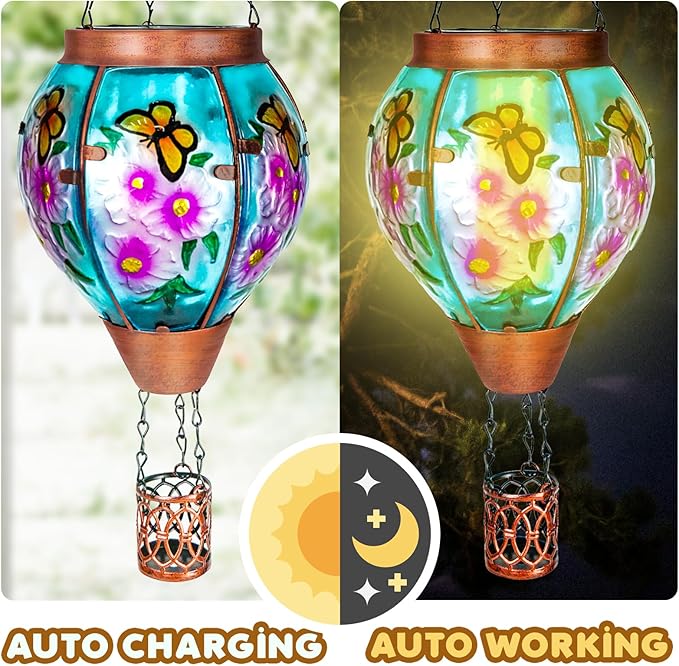2 Pack Solar Hot Air Balloon Lantern with Flame， Butterfly Glass Outdoor Solar Lanterns for Outside Hanging Farmhouse Patio Pathway Decor, Butterfly Gifts for Women Grandma Mom - Butterfly