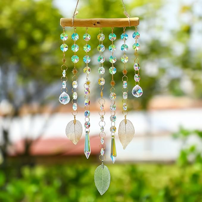 HDCRYSTALGIFTS Hanging Window Suncatcher Rainbow Maker Glass Crystal Mobile Wind Chimes with AB Prisms & Natural Leaf Drops Autumn Home Wall Art Decoration Gift