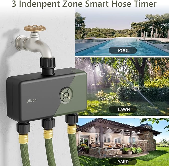 Diivoo Smart Water Timer 3 Zone, WiFi Sprinkler Hose Timer Compatible with Alexa and Google, Remote Control Irrigation Timer, Automatic Manual Watering, Rain Delay, for Garden, Lawns and Yards