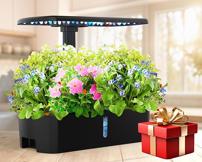 Hydroponics Growing System Kit 12 Pods Indoor Garden, Hydroponic Herb Garden Kit Indoor with LED Grow Light, Smart Indoor Garden, Adjustable Height, Auto Timer, Quiet Pump, Gift for Mom Women, Black