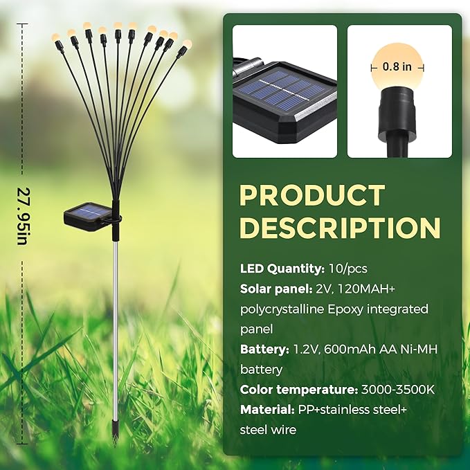 Solar Garden Lights - 80 LED Firefly Lights, Wind Sway, Waterproof for Christmas Yard, Patio, Pathway Decoration (8 Pack)