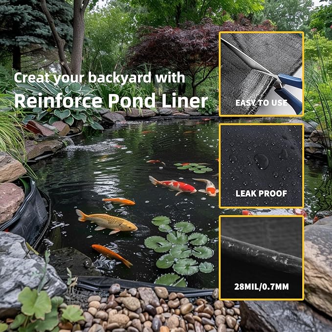 TEZONG Pond Liner,20x25Ft Pond Liners for Outdoor,28Mil PE Black Koi Fish Pond Liners,Reinforced Pond Underlayment for Ponds,Water Gardens,Waterfall, Stream, Fountains,Aquaculture,Agricultural