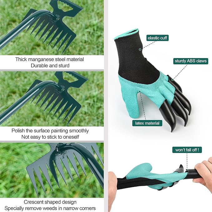 Weeding Artifact Uprooting Weeding Tool Claw Gloves Kit, 11 Teeth Dual Purpose Weed Puller, for Yard Farm Gardening Hand Weeder(11-Tooth)
