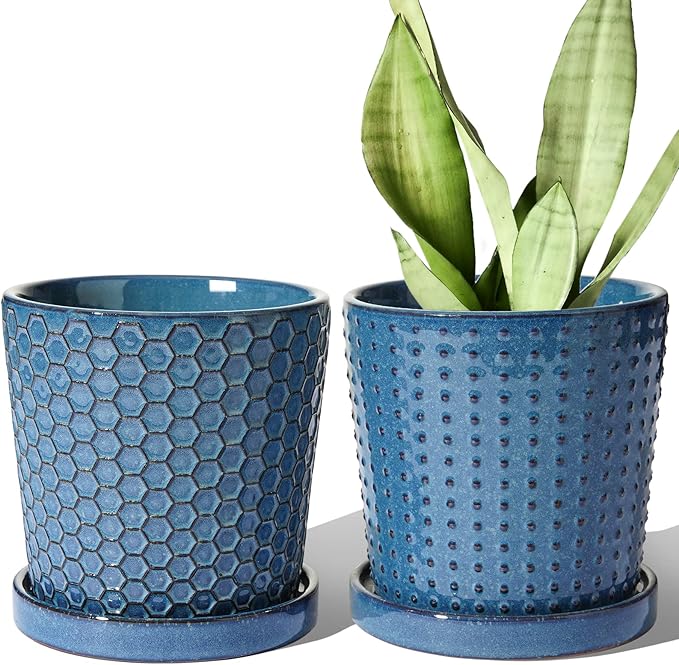 LE TAUCI Ceramic Plant Pots, 5.5 Inch Pots for Indoor Plants, Planters with Drainage Hole and Saucer, Flower Pots for Succulent, Snake Plants and Cactus, Set of 2, Reactive Glaze Blue