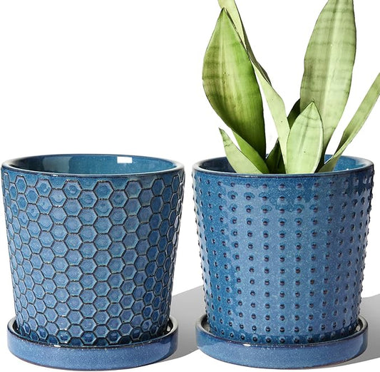LE TAUCI Ceramic Plant Pots, 5.5 Inch Pots for Indoor Plants, Planters with Drainage Hole and Saucer, Flower Pots for Succulent, Snake Plants and Cactus, Set of 2, Reactive Glaze Blue
