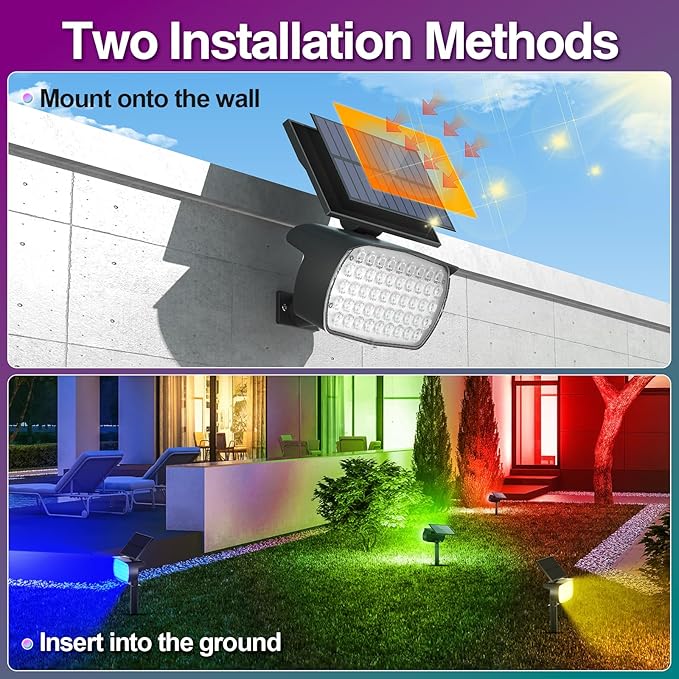Solar Color Changing Spot Lights Outdoor, Solar Christmas Lights Outdoor IP65 Waterproof, Multicolor Solar Landscape Spotlights, Large Solar Panel Solar Powered Yard Garden Pathway Light 2 Pack