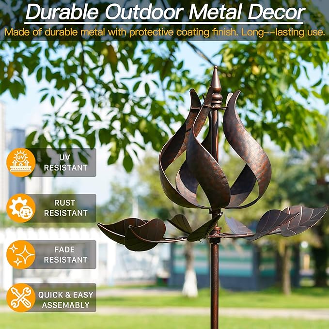 Yard Garden Wind Spinners - Large Tulip Outdoor Metal Wind Spinners with Stake, Yard Art Lawn Garden Decor (24" W x 73" H)