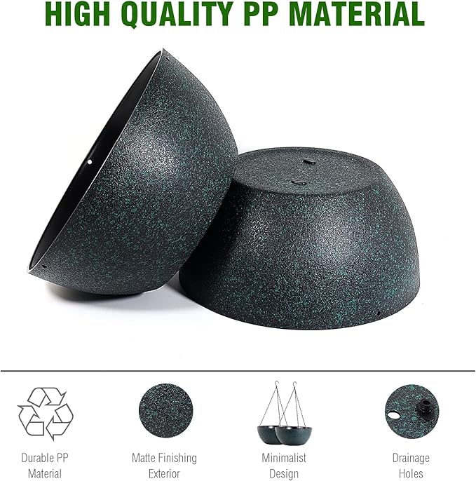 WOUSIWER 13 inch 2 Pack Large Hanging Planters for Indoor Outdoor Plants with Drainage Holes and Chain, Round Hanging Flower Pots for Garden Home Porch Decor, Black with Green Speckles