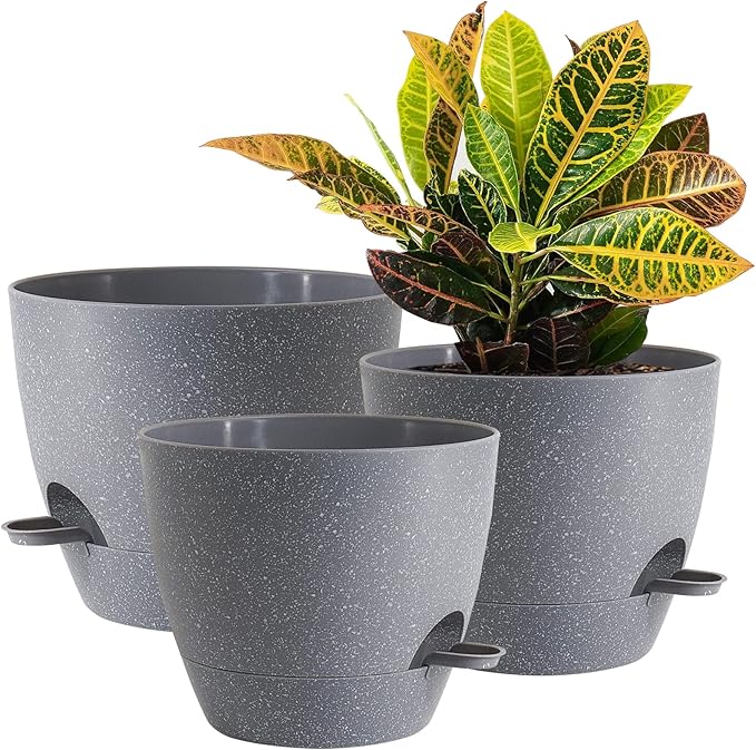 10/9/8 inch Self Watering Pots, Set of 3 Plastic Planters with Mesh Drainage Holes and Deep Reservoir for Indoor Outdoor Garden Plants and Flowers, Grey Speckles