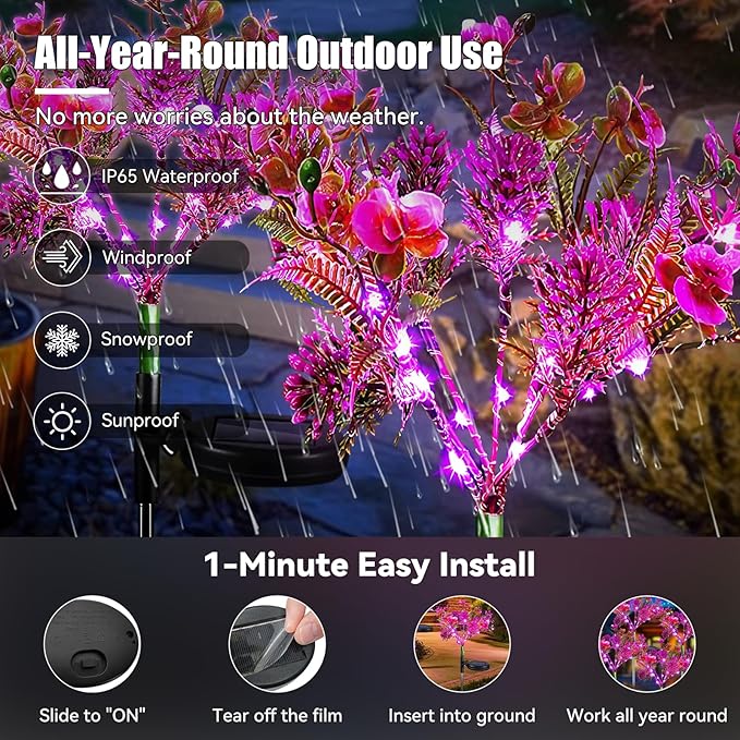 Neporal Solar Garden Lights, 4PK Purple Phalaenopsis Solar Flowers Outdoor Waterproof, Solar Lights Outdoor Decorative for Garden, Yard Decor,