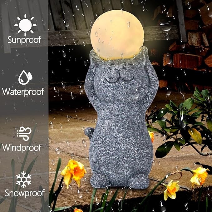 Solar Garden Decor Cat Moon Outdoor Statue and Figurine Lights, Outdoor Patio Sculpture Decor LED Lights Gifts for Mom or Daughter, Garden Statues Birthday Gifts for Women Home and Yard