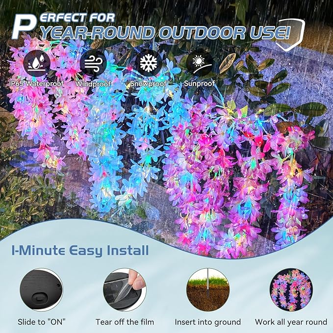 Neporal Solar Flowers Outdoor Waterproof IP65, 5 Lilac Flower Vines with 140+ Flowers, 2 Lightning Modes &Enlarged Solar Panel, 6PK Blue/Pink/Purple Solar Garden Lights Outdoor for Garden, Yard Decor