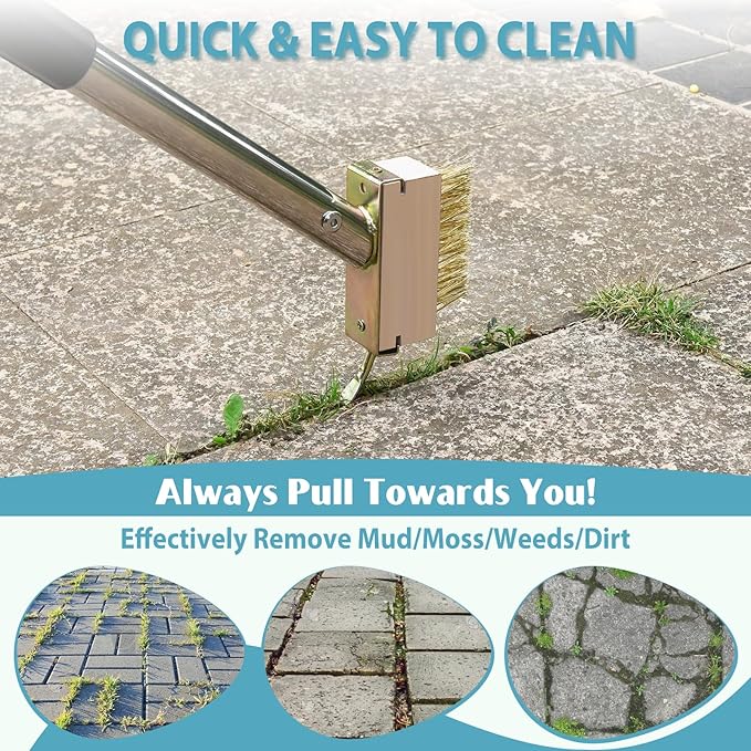 GADFlSH Manual Crevice Weeding Tool, Crack Weeder with 2 Weed Brush Heads, Crevice Weeding Hook with Adjustable Steel Handle for Patios, Decks & Garden Paths