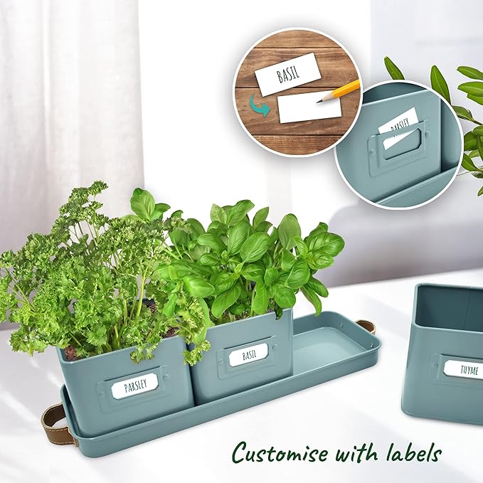 Herb Planter Indoor - Set of 3 Teal Blue Indoor Herb Garden Pots for Plants with Leather Handled Tray - Window Sill Plant Shelf - Herb Pots with Drainage Holes and Labels