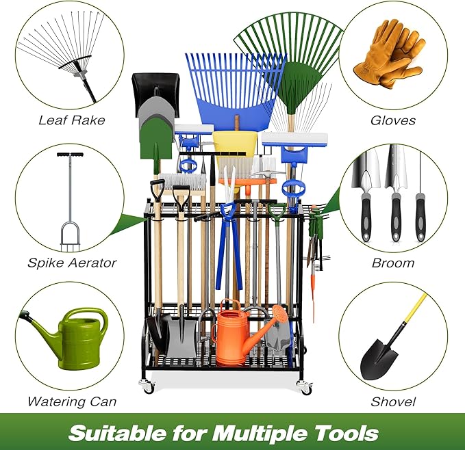 Garden Tool Organizer with Wheels, Yard Tool Rack for Garage Organization and Storage, Heavy Duty Steel Tool Holder with Hooks, Garden Tool Stand for Shed, Basement, Outdoor, Black