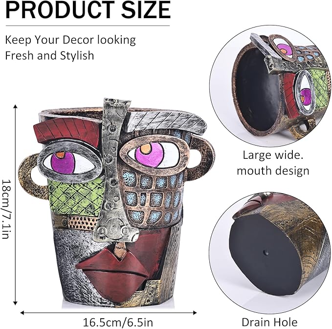 LCCCK Colorful Face Planter Funky Head Planters for Indoor Plants, Succulent Pots with Drainage for Home Unique Decor, Large Abstract Flower Pots for Indoor Outdoor Garden Cute Plant Decor