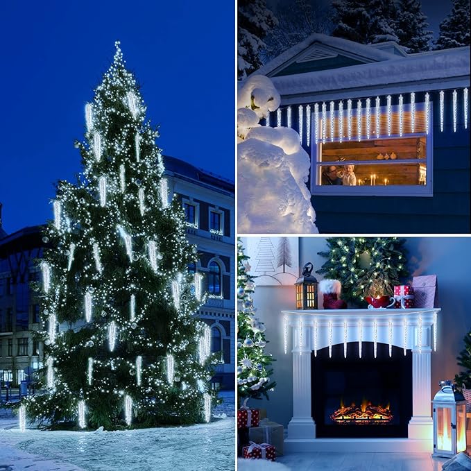 Christmas Icicle Lights Outdoor, 10Ft Meteor Shower Lights with 10 Ice Shaped Tube, Snowfall Shooting Star Light Effect, Falling Crystal Christmas Decorations for House Eave Roofline, Cool White
