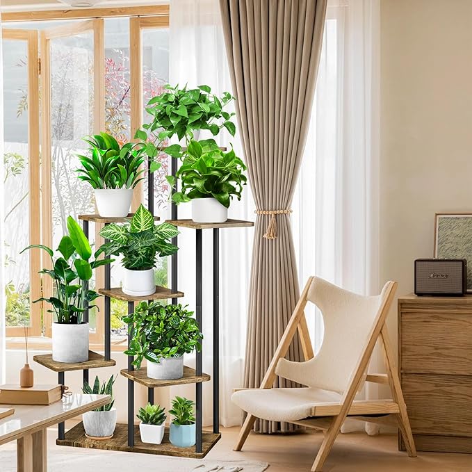 7 Tier Wood Tall Plant Stand Metal Rack Indoor, Multiple Flower Pot Holder Shelves Corner Rack, Planter Shelf Display Rack Storage Organizer for Patio Living Room Balcony Garden(Black)