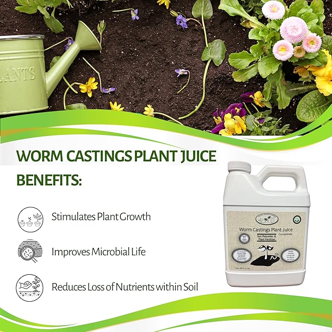 Worm Castings Tea Plant Juice - Quart. Concentrated Worm Tea with Kelp and Feather Meals. Indoor and Outdoor Soil Restorer and Plant Fertilizer for All Vegetation with Soil.