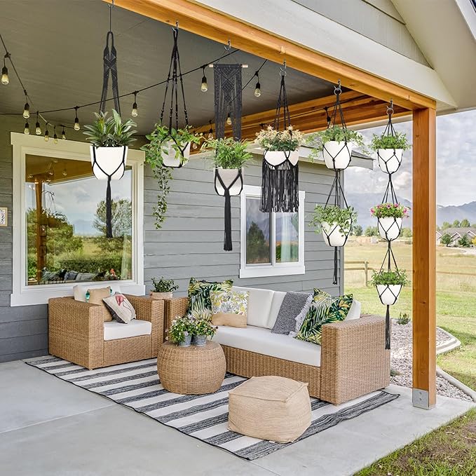 Mkono Macrame Plant Hangers, 6 Pack Indoor Hanging Planters for Plants with 6 Hooks Decorative Hanging Basket Flower Pots Holder Stand in Different Sizes for Modern Home Decor, Black