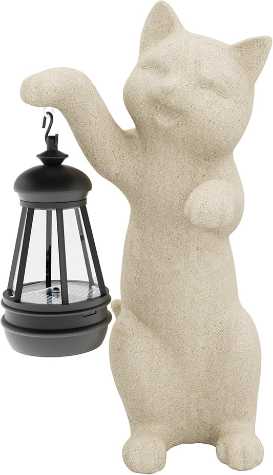 Solar Powered Garden Resin Statue Lights, 10 Inch Waterproof Outdoor Animal Cute Cat Figurine Lights, Suitable for Patios, Balconies, Lawns, Courtyards, Etc. (Hand)