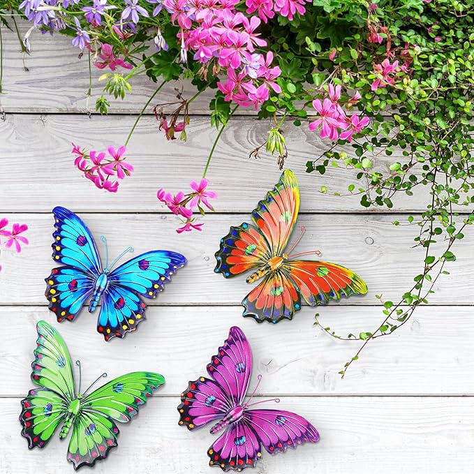 ULENDIS Metal Butterfly Wall Decor, 9.6" 3D Outdoor Fence Wall Art Decor, Hanging Decoration for Garden Backyard Living Room Balcony Patio Indoor, Gift for Mom Kids Family Friends(4 Pack)