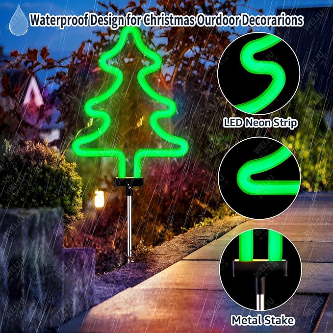 BlcTec Christmas Decorations Outdoor, 4PCS Neon Christmas Tree Shape Lights with Stainless Steel Stakes, 4 Xmas Tree Garden Lights with Waterproof for Garden Patio Yard Lawn Décor, Green