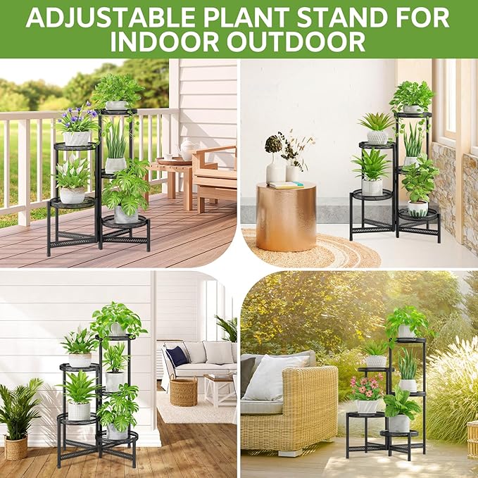iDavosic.ly 5 Tier Large Plant Stand Indoor with 10 Inch Wide Tray, Tiered Corner Metal Outdoor Flower Display Holder Shelf, Folding Tall Rack for Patio Porch Balcony, Black Iron Carving