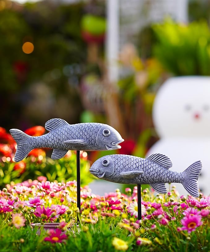 Outdoor Koi Fish Statues 2Pack: Garden Sculpture Ornaments Pond Decor for Yard Lawn Patio Porch Outside Decorative Gifts for Grandma Women Mom