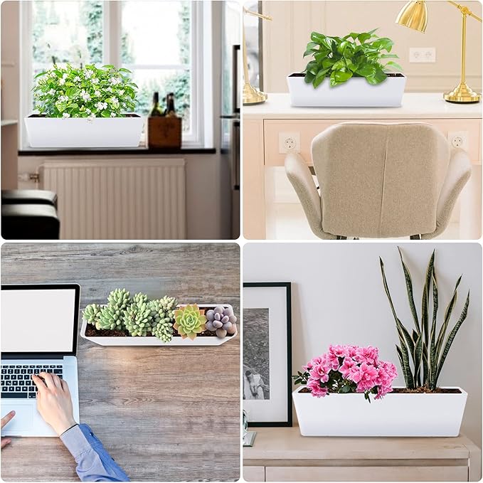 GREANER Long Window Boxes Planters, 6 Pack 16x3.8 Inch Vegetable Box Pot with Tray, Indoor Succulent Cactus Flowers Plastic Rectangle Pot for Balcony, Office, Garden, Outdoor, Windowsill - White