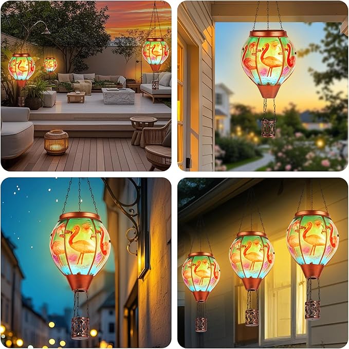 Flamingo Solar Hot Air Balloon Lantern,Outdoor Decor with Flame Lights Waterproof, Hanging for Garden Yard Lawn Patio, Unique Gifts for Women Mom Grandma Gardener for Mother'Day Christmas