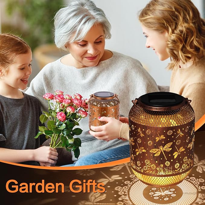 Solar Lanterns Outdoor Waterproof Dragonfly Garden Decor Gifts for Women Mom Grandma Hanging Solar Lights Metal Lantern Decoration Outside for Yard, Patio, Backyard, Porch