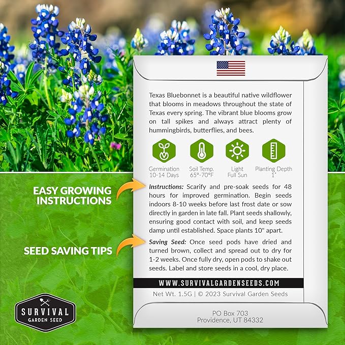 Texas Bluebonnet Seed for Planting - 5 Packets with Instructions to Plant & Grow Lupinus Texenisis in Your Home Wildflower Garden - Non-GMO Heirloom Variety- Survival Garden Seeds - Drought Resistant