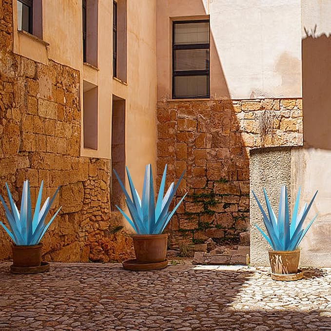 Enlarge Metal Plants Tequila Rustic Sculpture, Outdoor Patio Yard, Home Decor Hand Painted Agave Garden Statue, Outdoor Lawn Ornaments Yard Stakes for Mom Gift (1 Big Blue)