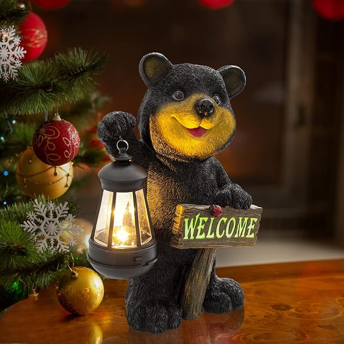 Juegoal Garden Bear Statue with Solar LED Lantern, Luminous Welcome Sign, Gifts for Mom Yard Art, Whimsical Figurine Large Sculpture Lighted Outdoor Mother's Day Spring Decorations for Lawn, Porch