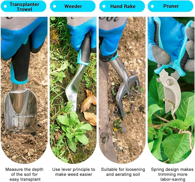 Garden Tool Set with Non Slip Rubber Grip,11 Piece Stainless Steel Gardening Tool Sets,Heavy Duty Outdoor Hand Tools Kit,Durable Tote Bag,Repotting mat,Uprooting Weeding Tool,Ideal Gifts for Women Men