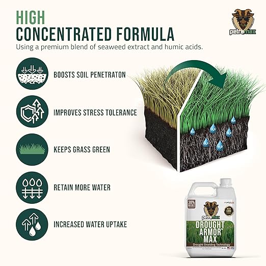 PetraMax Lawn & Turf Drought Armor - Keep Grass Hydrated, Lawn Fertilizer for Green Grass, Liquid Grass Fertilizer for Lawn, Root Booster for Plants & Grass & Lawn Soil (32oz)