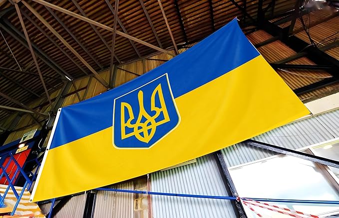 Ukraine Trident Extra Large Flag 6x10FT Giant Ukrainian Coat of Arms National Polyester Banner With 3 Grommets Fade Resistant Vivid Color For Patriotic Festival Events Party Decoration