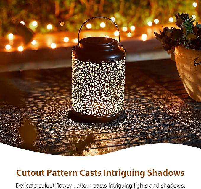 Glitzhome Solar Lantern Black Metal Cutout Flower Outdoor Hanging Solar Light with Handle for Garden Patio Yard Outdoor Decor
