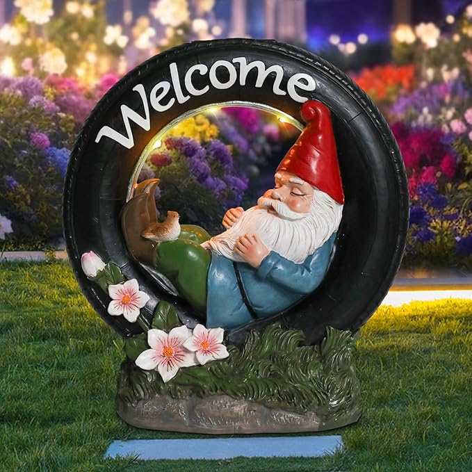 WONDER GARDEN Gnome Garden Decor for Outside - Welcome Gnome Solar Powered LED Light Outdoor Decor, Gnomes Statues Outdoor Funny Resin Garden Sculpture Decorations for Patio, Lawn
