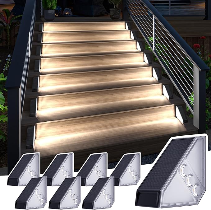 JSOT Solar Step Stair Lights Outdoor Yard Decor 8 Pack, IP65 Waterproof Deck Lighting for Outside Solar Powered, Solar Garden Light Decor for Fence, Backyard, Front Porch Step, Balcony, Wall, Patio