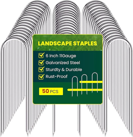 Garden Stakes, U-Shaped Tent Stakes, Galvanized Landscape Staples, Ground Stakes, for Landscaping Securing Weed Barrier Fabric, Irrigation Tubing, Holding Fence, Tarpaulin (50)
