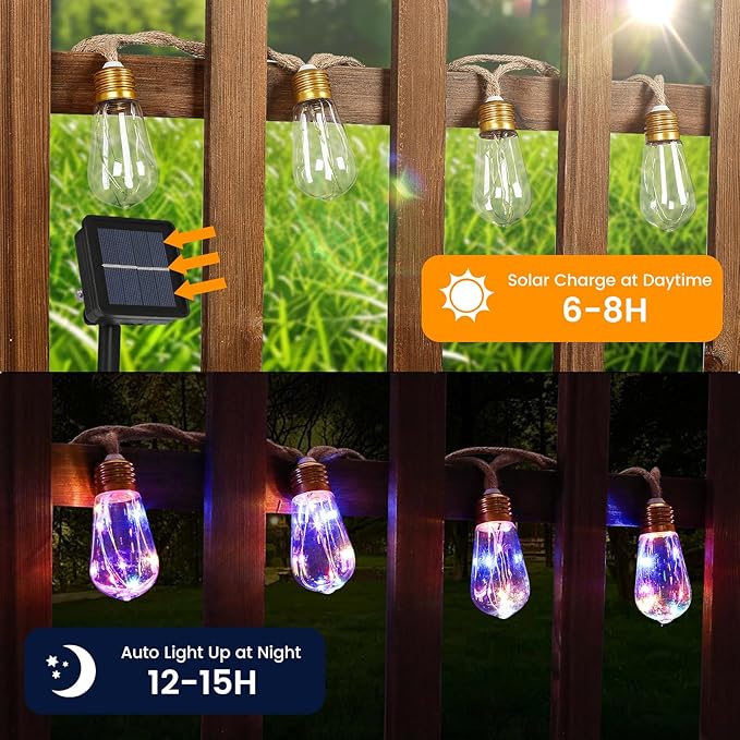 Solar Outdoor String Lights 24FT Vintage Rope Hemp Solar Lights with 20 Shatterproof Bulbs,8 Modes Solar Powered String Lights with Memory Function, Waterproof for Garden,Camping,Café(Multicolor)
